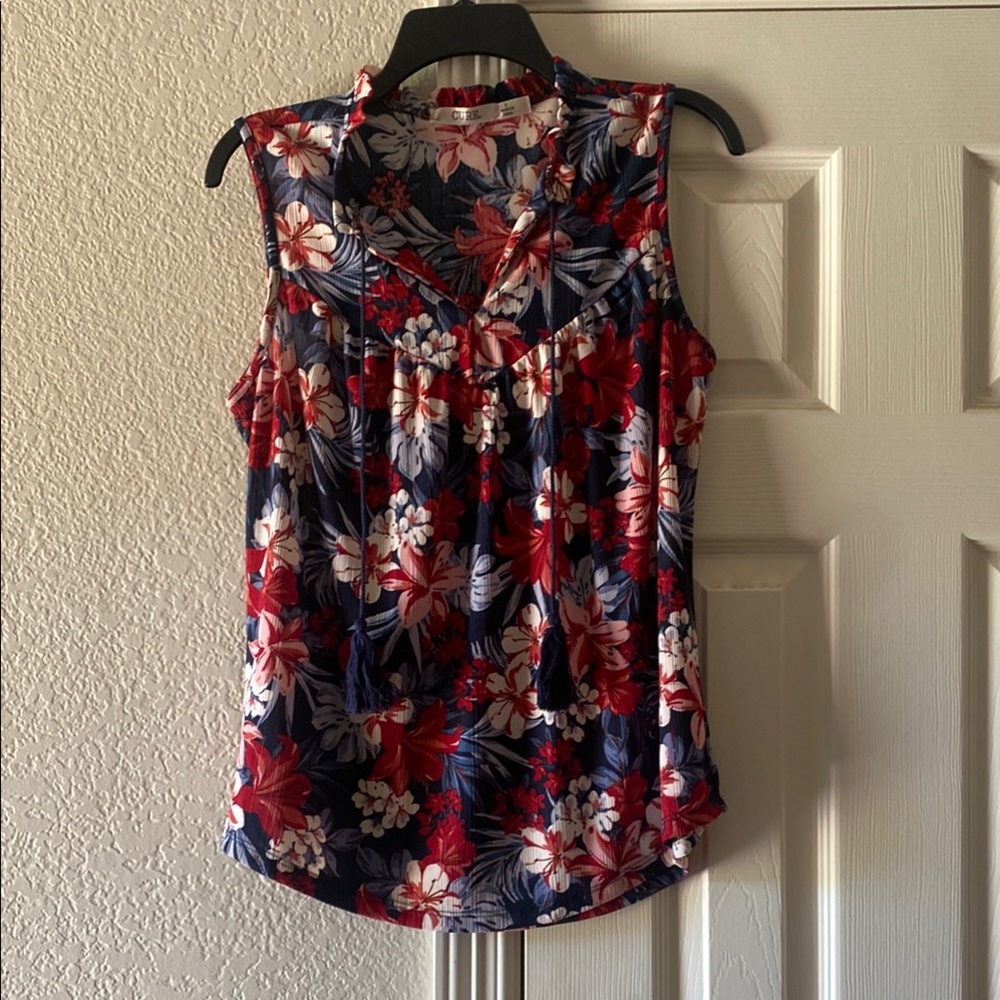 Cure. Red White and Blue Sleeveless Tank Top with Floral Design